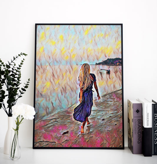 Premium Poster - Girl walking beach | Wall Art | Female Painting | Printable wall art | Home decor | living room art | Bedroom painting |