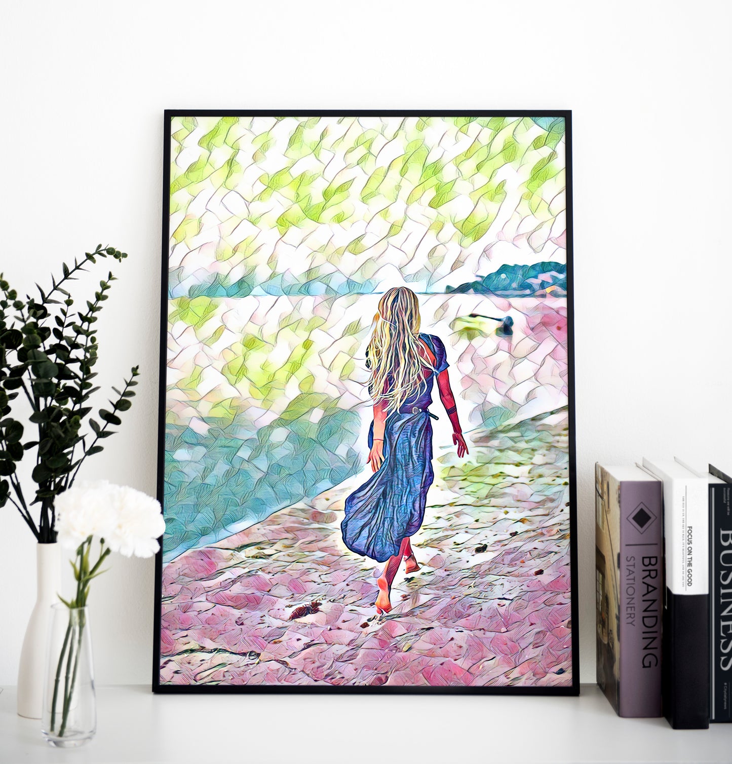 Premium Poster - Girl walking beach | Wall Art | Female Painting | Printable wall art | Home decor | living room art | Bedroom painting |